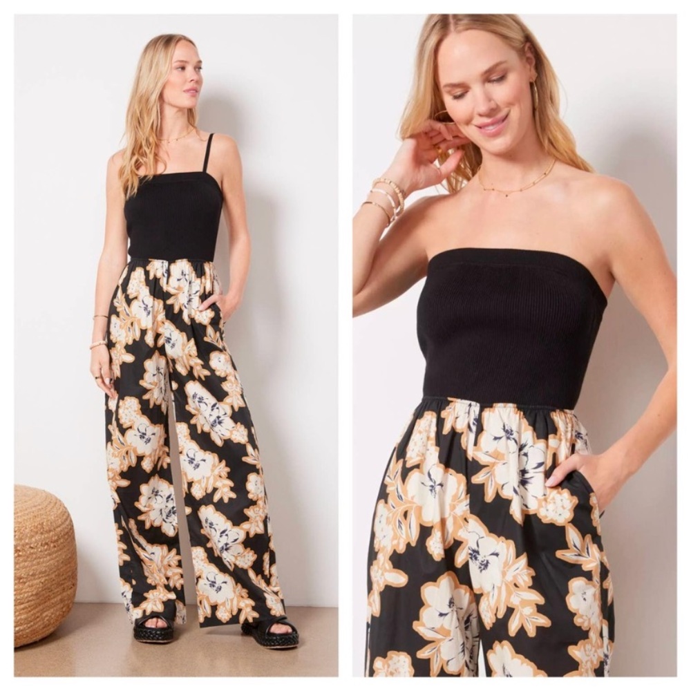 Evereve Miley ribbed bodice wide leg black floral Jumpsuit size xs‎ pockets